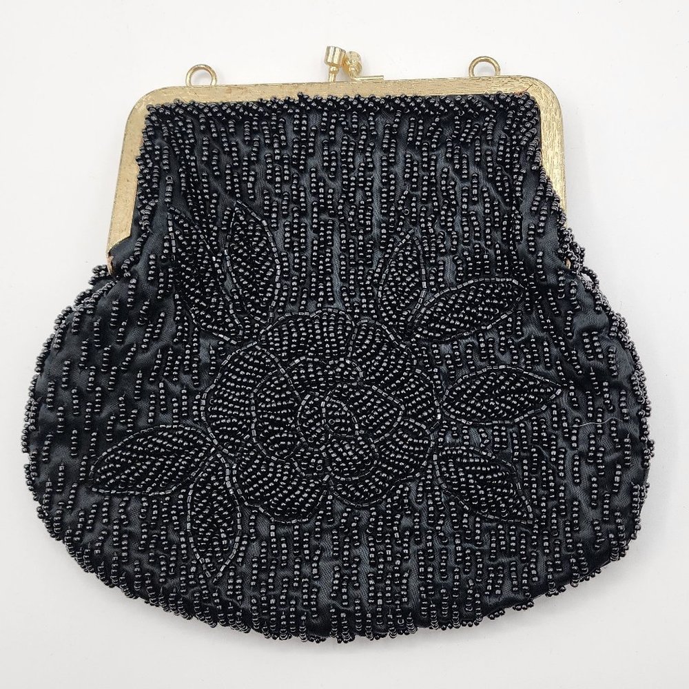 Vintage La Regale Women's Beaded Black Cocktail Party Clutch No Shoulder Chain